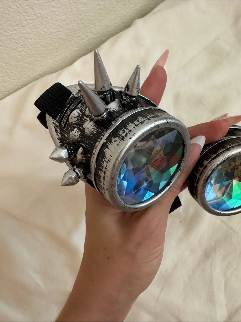 Silver Spike Kaleidoscope Goggles with Iridescent Lenses perfect for Burning Man